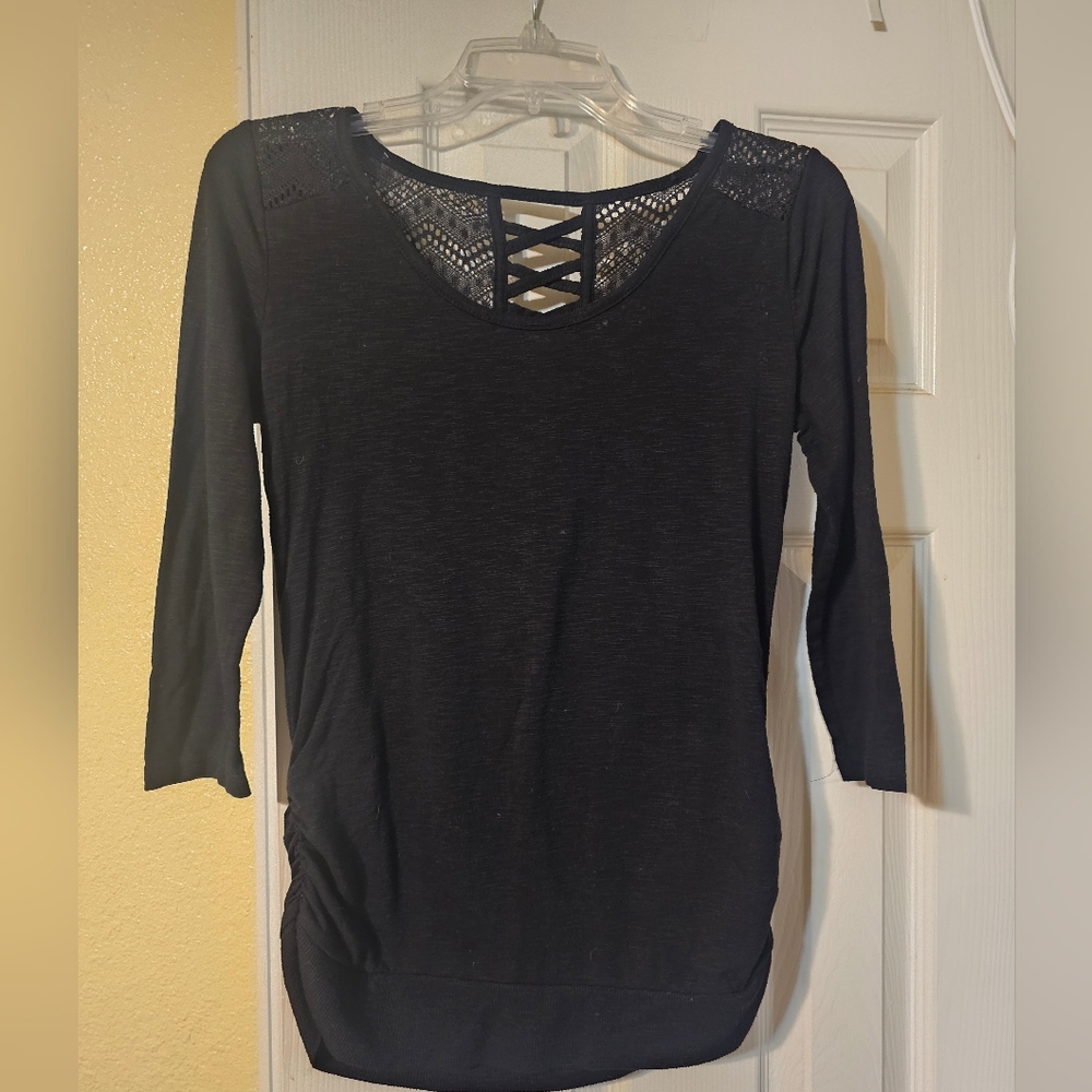 Women's Black Lace-Back 3/4 Sleeve Top